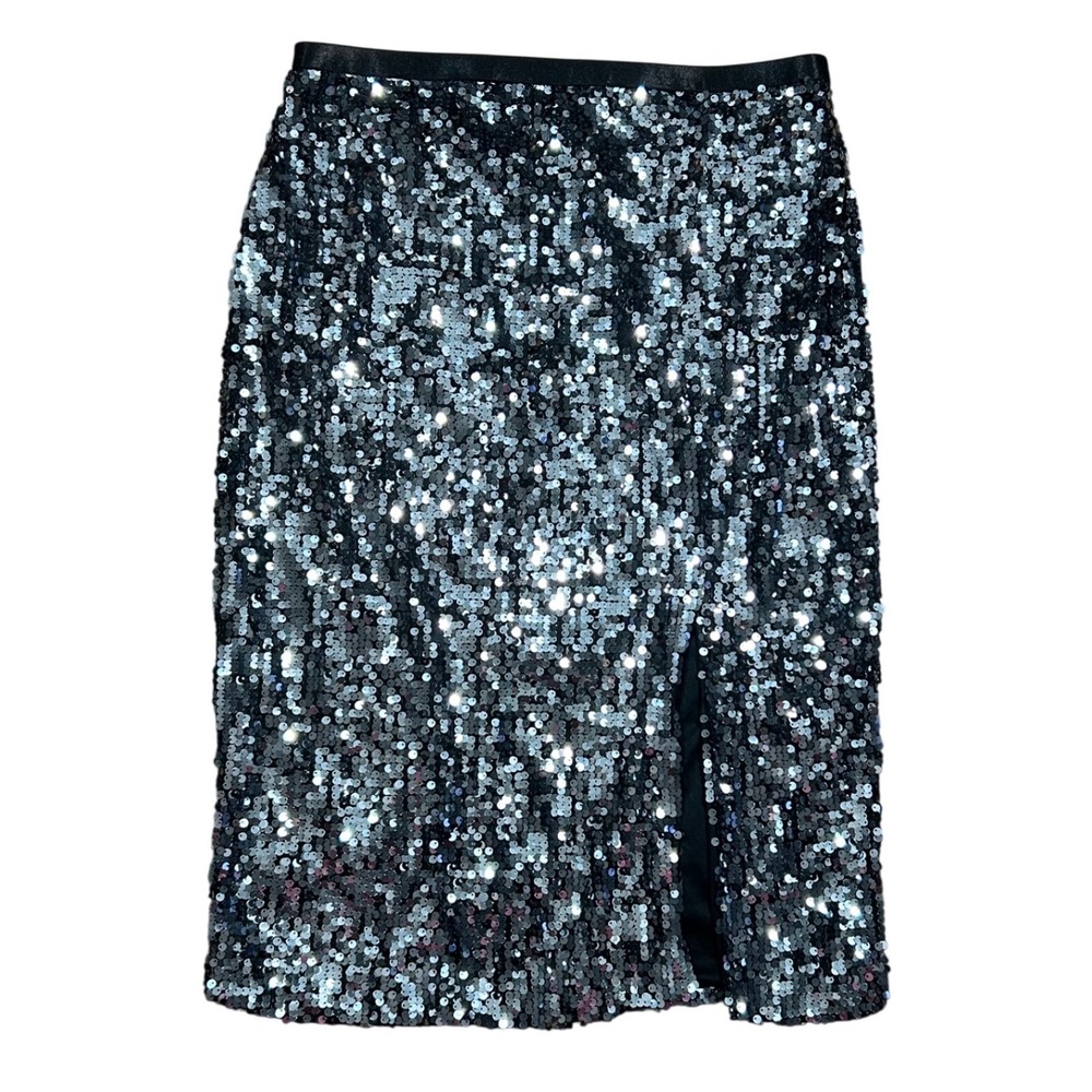 Nine West Silver Sequin Skirt Womens Sz Large Black Stretch Waist Slit Pull On